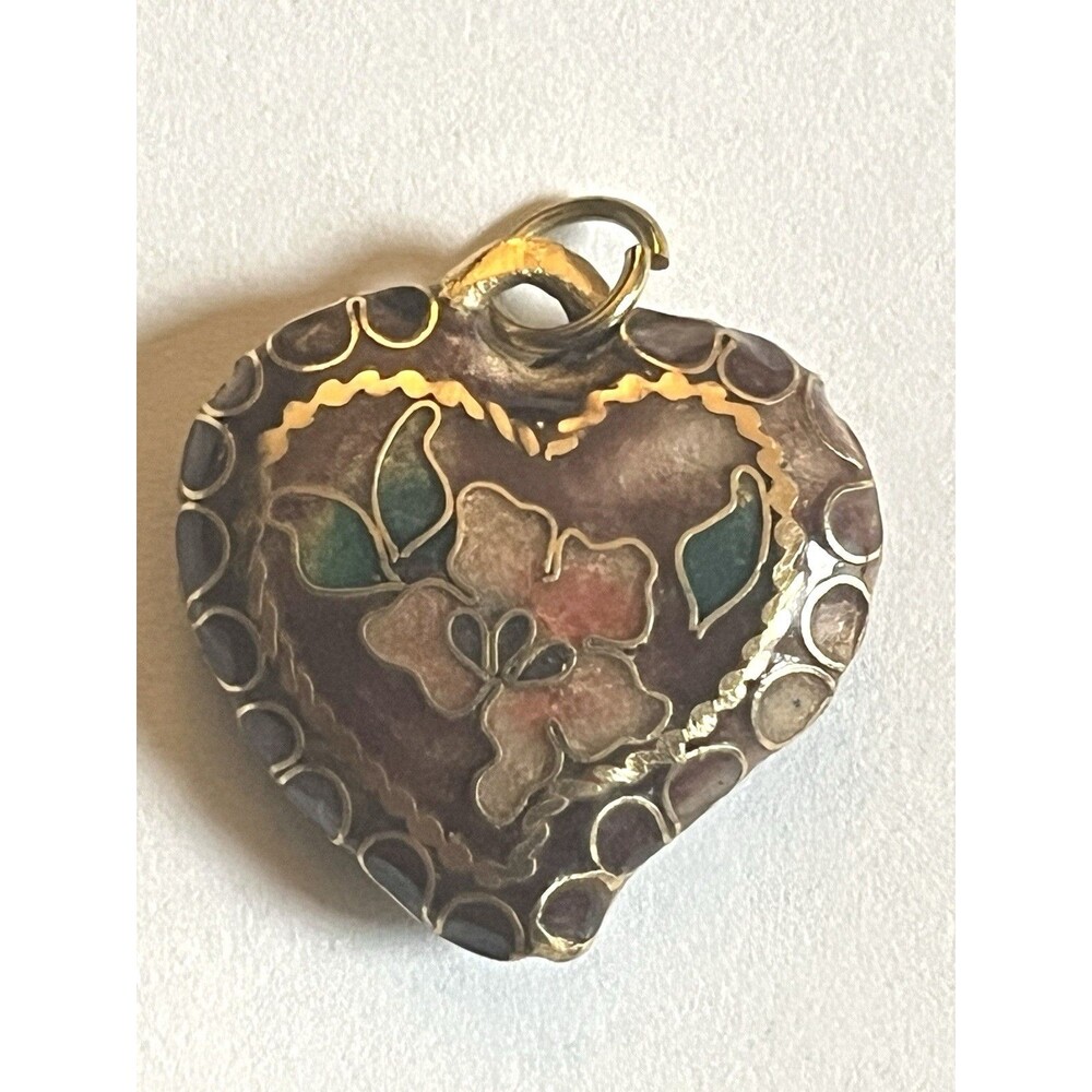 Vintage Cloisonné Butterfly Heart Pendant Enamel Floral Charm